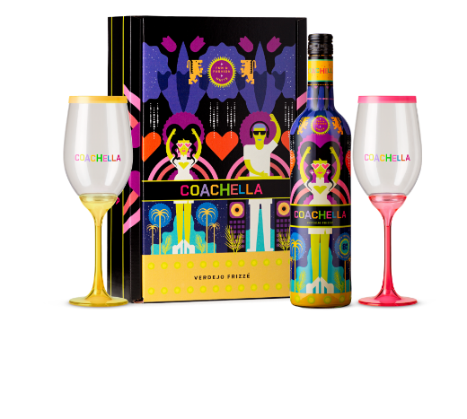 Pack Coachella Verdejo Frizzante Wine con 2 Copas con tapa exterior
